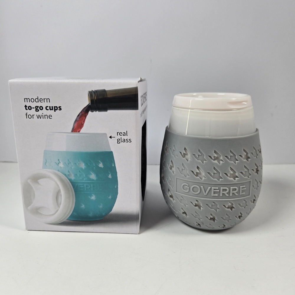 Goverre Wine Glass 17oz Gray Silicone Sleeve Houndstooth To-Go Cup Lid NEW